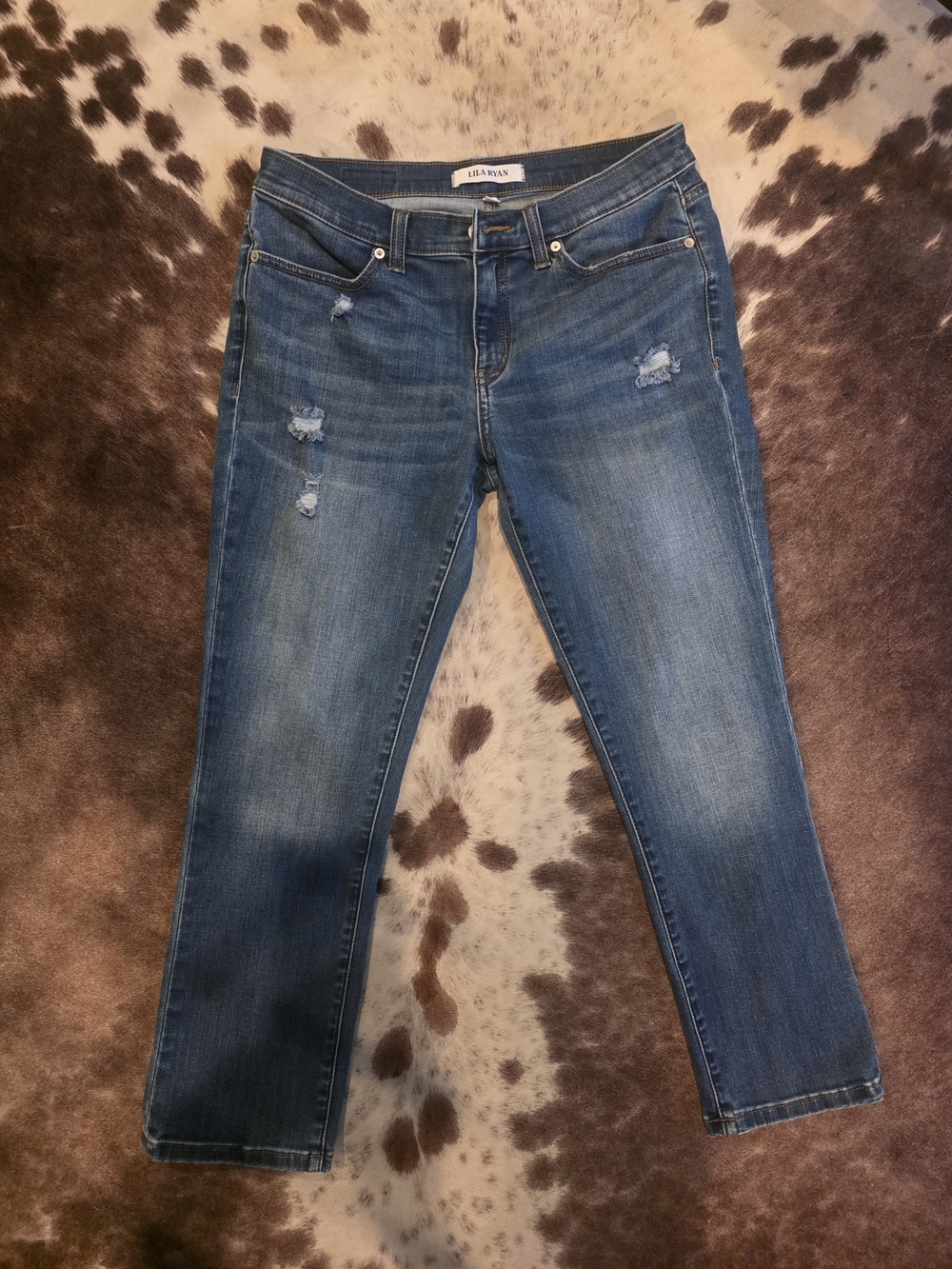 Lila Ryan Distressed Straight Leg Jeans Size 31 Medium Wash Denim